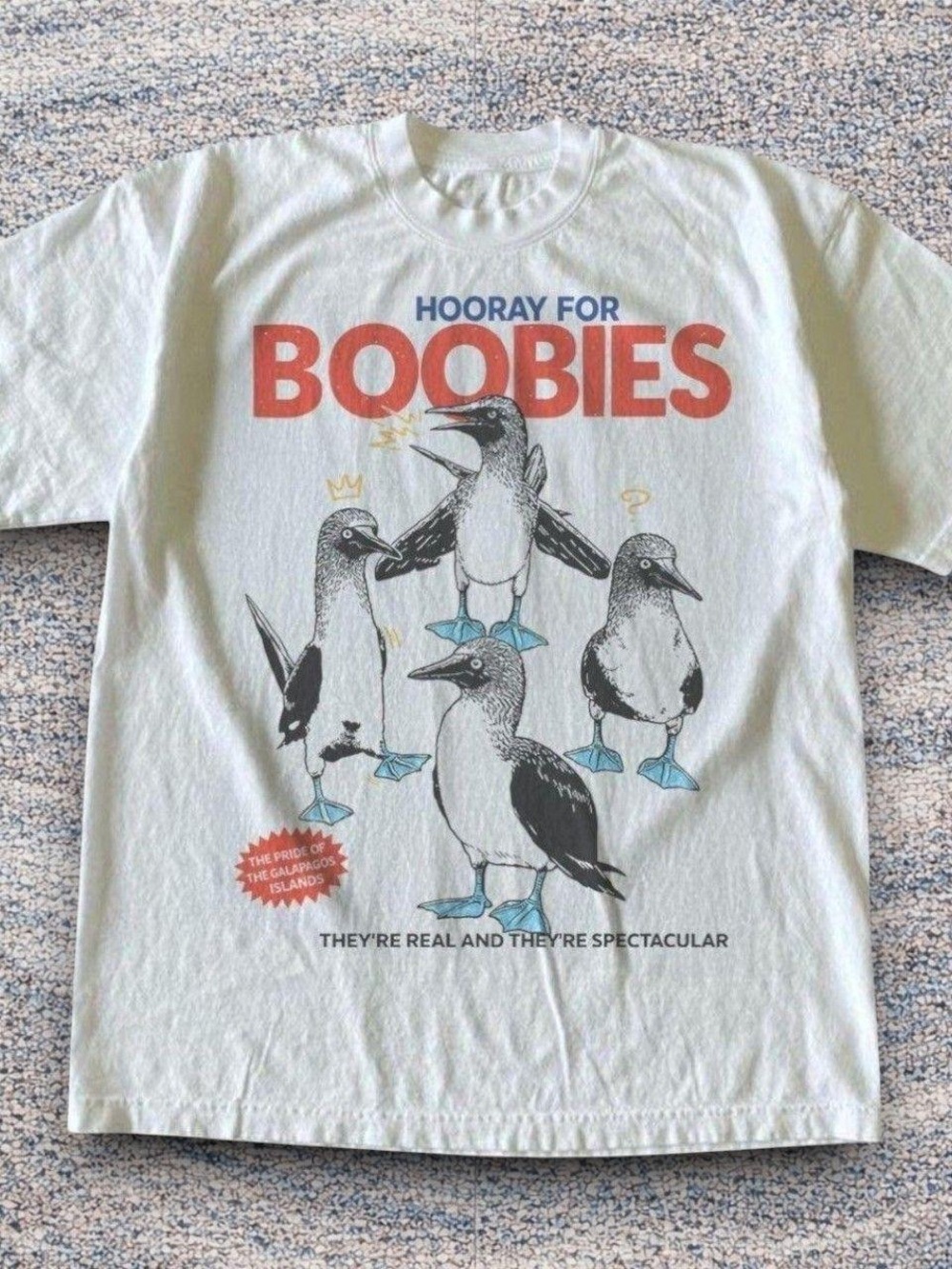 Gildan White Tee with Red & Blue 'Hooray for Boobies' Galapagos Graphic